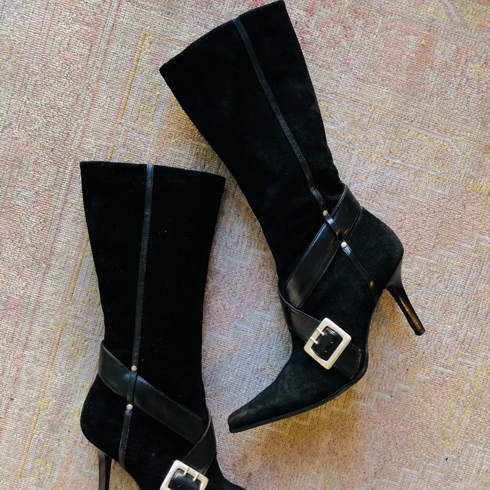 Guess by Marciano Black Suede Mid-Calf Heeled Boots with Buckle Accent